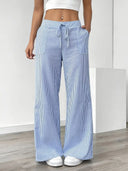 Women's Striped Wide Leg Pants – Low Rise Drawstring Patch Pocket Casual
