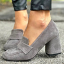 Women's Suede Block Heel Loafer – Slip On Closed Toe Work Office Shoe