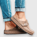 Women's Suede Buckle Clog Mules – Closed Toe Slip On Casual Cork Flatform Sandal