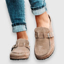 Women's Suede Buckle Clog Mules – Closed Toe Slip On Casual Cork Flatform Sandal