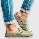 Women's Suede Buckle Clog Mules – Closed Toe Slip On Casual Cork Flatform Sandal