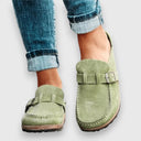 Women's Suede Buckle Clog Mules – Closed Toe Slip On Casual Cork Flatform Sandal