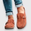 Women's Suede Buckle Clog Mules – Closed Toe Slip On Casual Cork Flatform Sandal