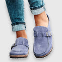 Women's Suede Buckle Clog Mules – Closed Toe Slip On Casual Cork Flatform Sandal