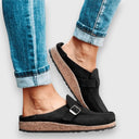 Women's Suede Buckle Clog Mules – Closed Toe Slip On Casual Cork Flatform Sandal