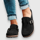 Women's Suede Buckle Clog Mules – Closed Toe Slip On Casual Cork Flatform Sandal