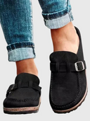 Women's Suede-Effect Clogs – Round Toe Buckle Strap Cork Footbed Slip On Shoes