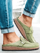 Women's Suede-Effect Clogs – Round Toe Buckle Strap Cork Footbed Slip On Shoes