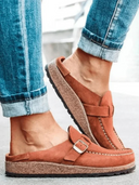 Women's Suede-Effect Clogs – Round Toe Buckle Strap Cork Footbed Slip On Shoes