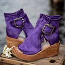 Women's Suede Open Toe Wedge Sandal – Ankle Buckle Strap Wood Platform Boho