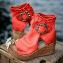 Women's Suede Open Toe Wedge Sandal – Ankle Buckle Strap Wood Platform Boho