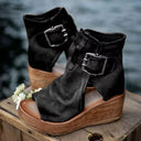Women's Suede Open Toe Wedge Sandal – Ankle Buckle Strap Wood Platform Boho