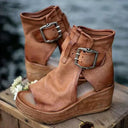 Women's Suede Open Toe Wedge Sandal – Ankle Buckle Strap Wood Platform Boho