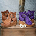 Women's Suede Open Toe Wedge Sandal – Ankle Buckle Strap Wood Platform Boho