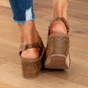 Women's Suede Peep Toe Wedge Sandals – Slingback Cork Platform Stud Detail