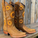Women's Sunflower Embroidered Western Cowboy Boots – Square Toe Mid Calf Block Heel