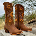 Women's Sunflower Embroidered Western Cowboy Boots – Square Toe Mid Calf Block Heel