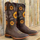 Women's Sunflower Embroidered Western Cowboy Boots – Square Toe Mid Calf Block Heel