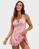 Women's Swim Dress One Piece – V Neck Twist Front Knot Skirt Overlay Swimsuit