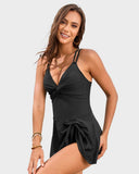 Women's Swim Dress One Piece – V Neck Twist Front Knot Skirt Overlay Swimsuit