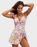 Women's Swim Dress One Piece – V Neck Twist Front Knot Skirt Overlay Swimsuit