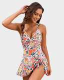 Women's Swim Dress One Piece – V Neck Twist Front Knot Skirt Overlay Swimsuit