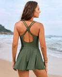 Women's Swim Dress One Piece – V Neck Twist Front Knot Skirt Overlay Swimsuit