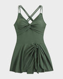 Women's Swim Dress One Piece – V Neck Twist Front Knot Skirt Overlay Swimsuit