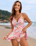 Women's Swim Dress One Piece – V Neck Twist Front Knot Skirt Overlay Swimsuit