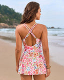 Women's Swim Dress One Piece – V Neck Twist Front Knot Skirt Overlay Swimsuit