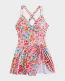 Women's Swim Dress One Piece – V Neck Twist Front Knot Skirt Overlay Swimsuit