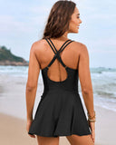 Women's Swim Dress One Piece – V Neck Twist Front Knot Skirt Overlay Swimsuit