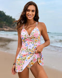 Women's Swim Dress One Piece – V Neck Twist Front Knot Skirt Overlay Swimsuit