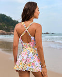 Women's Swim Dress One Piece – V Neck Twist Front Knot Skirt Overlay Swimsuit