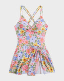 Women's Swim Dress One Piece – V Neck Twist Front Knot Skirt Overlay Swimsuit