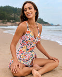Women's Swim Dress One Piece – V Neck Twist Front Knot Skirt Overlay Swimsuit