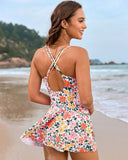Women's Swim Dress One Piece – V Neck Twist Front Knot Skirt Overlay Swimsuit