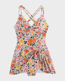 Women's Swim Dress One Piece – V Neck Twist Front Knot Skirt Overlay Swimsuit