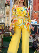 Women's Swirl Print Two-Piece Set – Oversized Batwing Top Solid Wide-Leg Pants