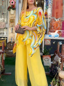 Women's Swirl Print Two-Piece Set – Oversized Batwing Top Solid Wide-Leg Pants