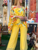 Women's Swirl Print Two-Piece Set – Oversized Batwing Top Solid Wide-Leg Pants