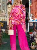 Women's Swirl Print Two-Piece Set – Oversized Batwing Top Solid Wide-Leg Pants