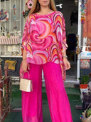 Women's Swirl Print Two-Piece Set – Oversized Batwing Top Solid Wide-Leg Pants