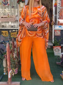 Women's Swirl Print Two-Piece Set – Oversized Batwing Top Solid Wide-Leg Pants
