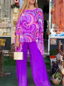 Women's Swirl Print Two-Piece Set – Oversized Batwing Top Solid Wide-Leg Pants
