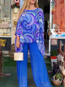 Women's Swirl Print Two-Piece Set – Oversized Batwing Top Solid Wide-Leg Pants