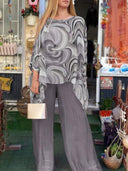 Women's Swirl Print Two-Piece Set – Oversized Batwing Top Solid Wide-Leg Pants