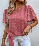 Women's Swiss Dot Blouse – Round Neck Flutter Sleeve Side Tie Waist Summer Top
