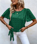 Women's Swiss Dot Blouse – Round Neck Flutter Sleeve Side Tie Waist Summer Top