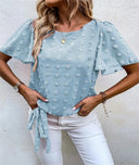 Women's Swiss Dot Blouse – Round Neck Flutter Sleeve Side Tie Waist Summer Top